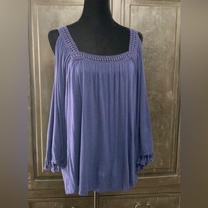 Shannon Ford NY- qtr sleeves OS navy tunic top with lace trim& fringes- size XL